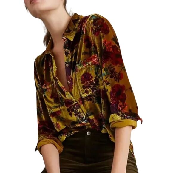 Pilcro Tops - Anthropologie Pilcro Hadley Relaxed Velvet Burnout Shirt 2X Mustard Festival
